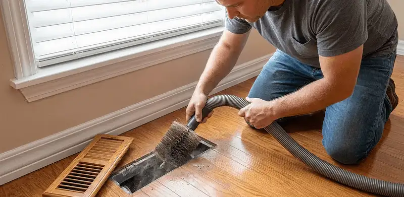 Air duct cleaning technician vacuuming a floor vent and duct opening in Saint Louis, MO