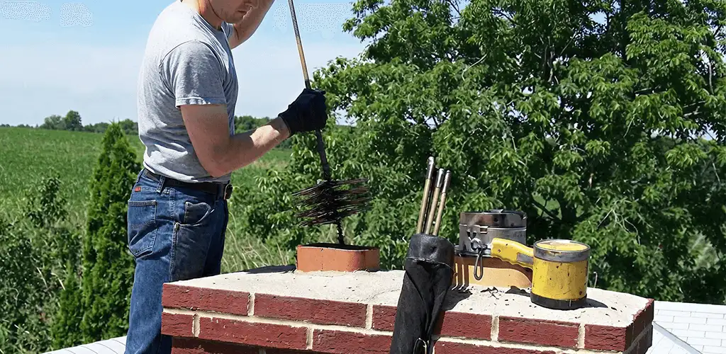 Chimney cleaning technician working on a rooftop chimney with professional tools in Saint Louis, MO