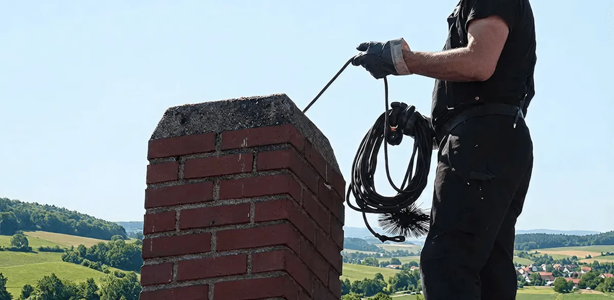 Chimney sweep inspecting and cleaning a rooftop chimney in Saint Louis, MO