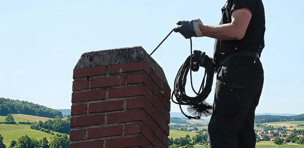 Chimney sweep inspecting and cleaning a rooftop chimney in Saint Louis, MO