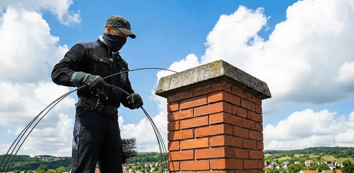 Chimney sweep cleaning a brick chimney with professional tools in Saint Louis, MO