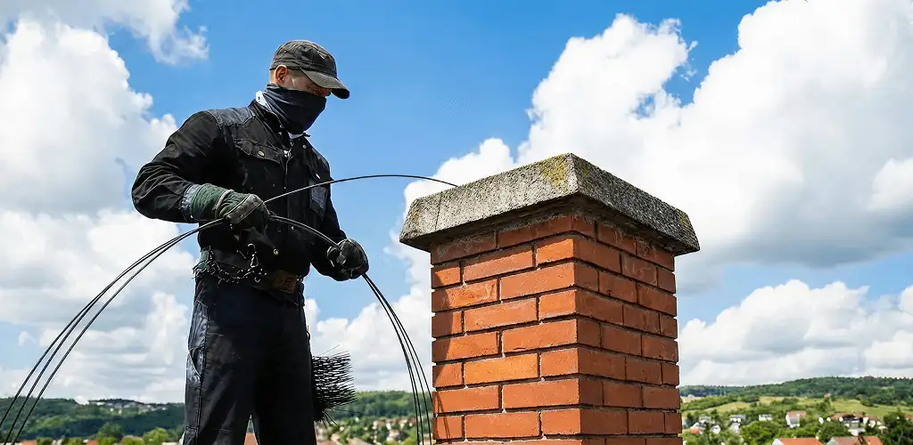 Chimney sweep cleaning a brick chimney with professional tools in Saint Louis, MO
