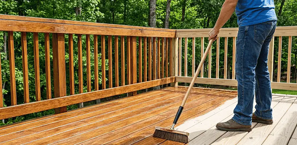 Deck staining and sealing application on a wood deck in Saint Louis, MO