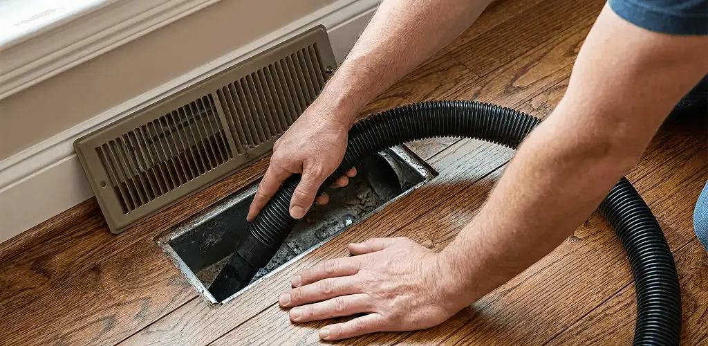 Air duct cleaning technician vacuuming a floor register and duct opening in Saint Louis, MO
