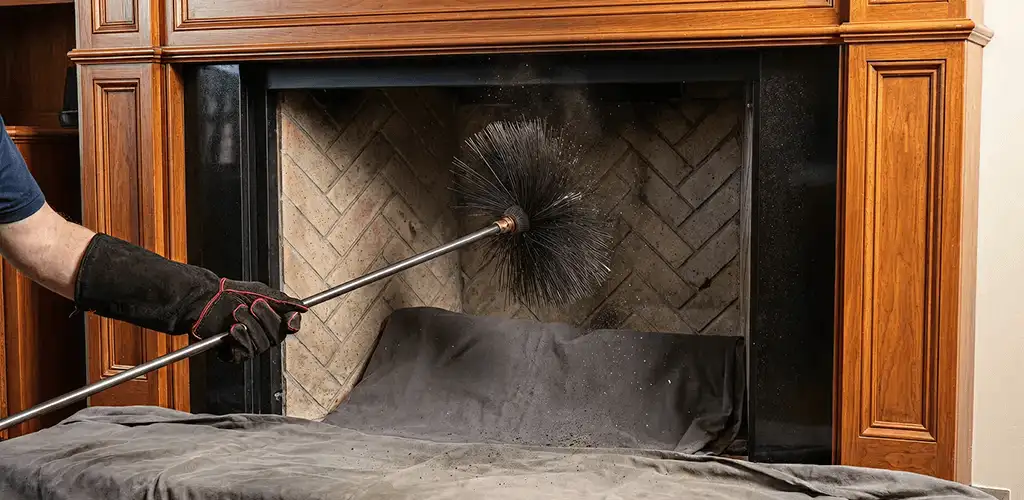 Chimney cleaning service brushing soot from a fireplace and flue in Saint Louis, MO