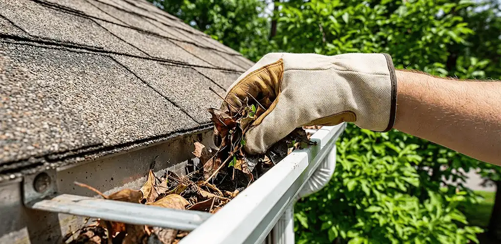 Gutter cleaning removing leaves and debris from roof gutters in Saint Louis, MO