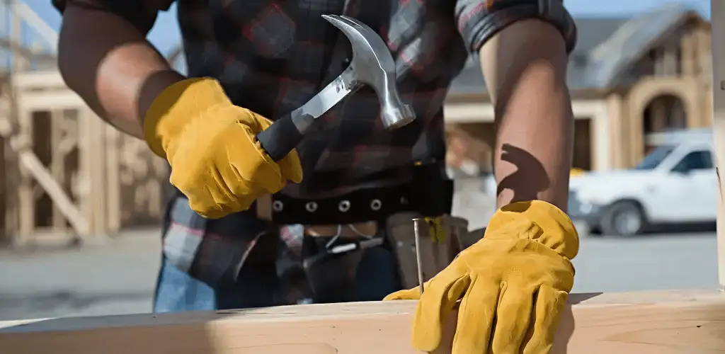 Handyman fixing wood trim with a hammer for home repairs in Saint Louis, MO