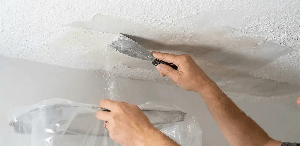 Popcorn ceiling removal technician scraping texture from a ceiling in Saint Louis, MO