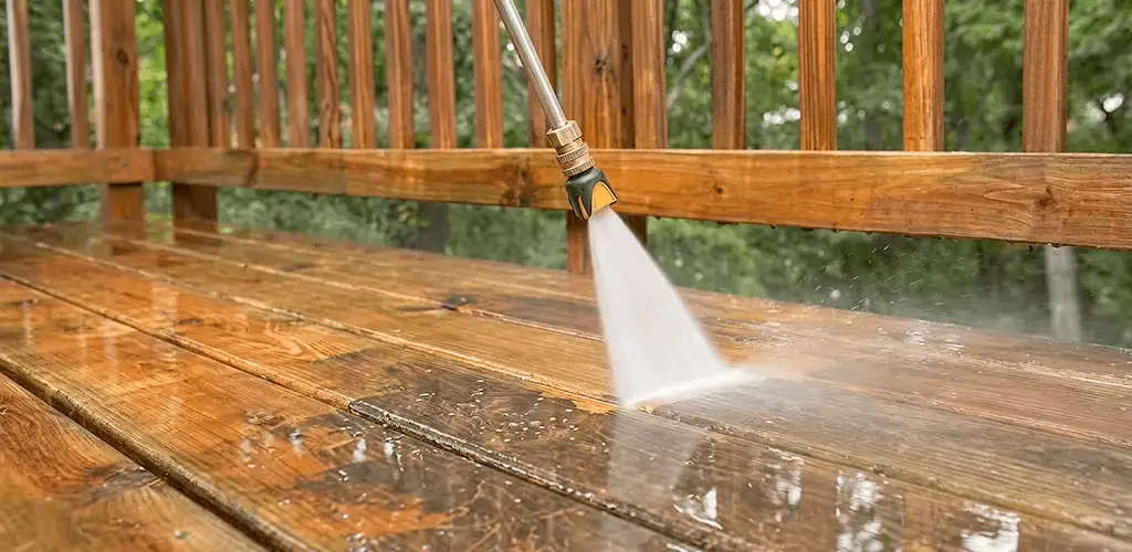 Pressure washing a wood deck to remove dirt and buildup in Saint Louis, MO