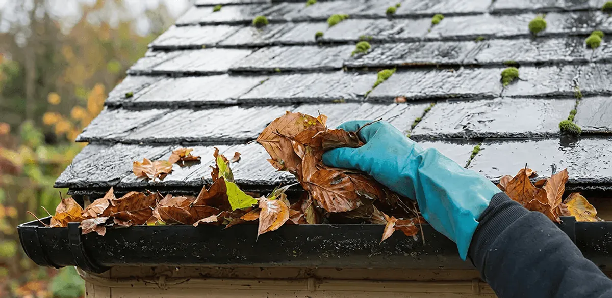 Gutter cleaning technician clearing wet leaves from roof gutters in Saint Louis, MO