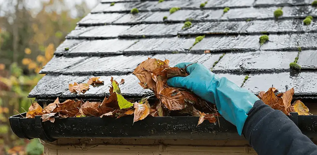 Gutter cleaning technician clearing wet leaves from roof gutters in Saint Louis, MO