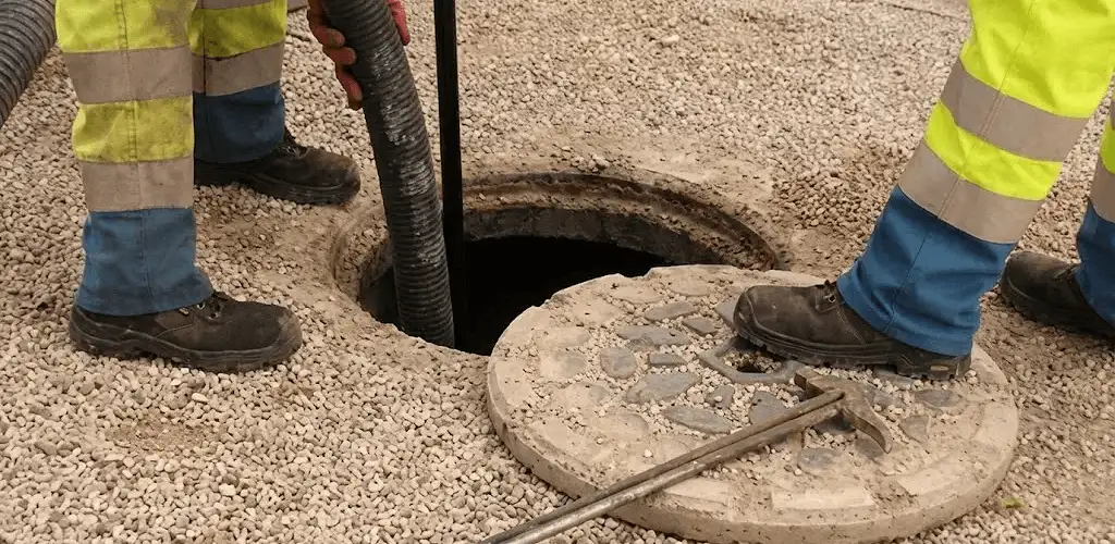 Drain cleaning crew clearing a sewer access point with professional equipment in Saint Louis, MO