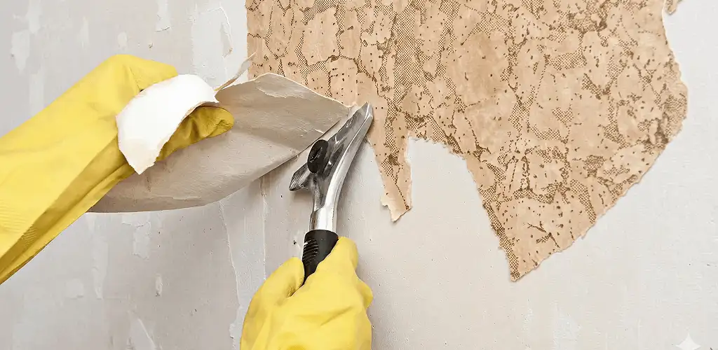 Wallpaper removal service stripping old wallpaper from a wall in Saint Louis, MO