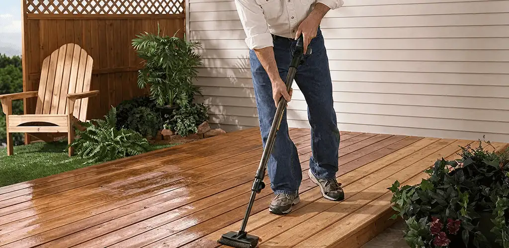 Deck staining service applying stain to a backyard wood deck in Saint Louis, MO